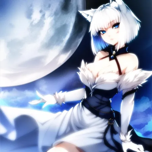 Prompt: Wolf girl with short white hair and blue eyes.