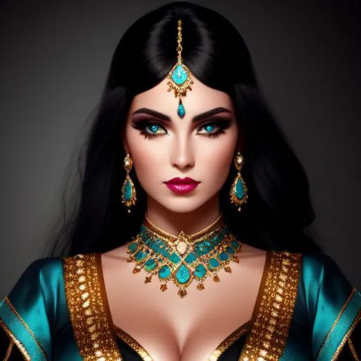 Prompt: Lady with black hair, heavy makeup,  wearing gold and turqoise jewelry, cinematic light,  fantasy