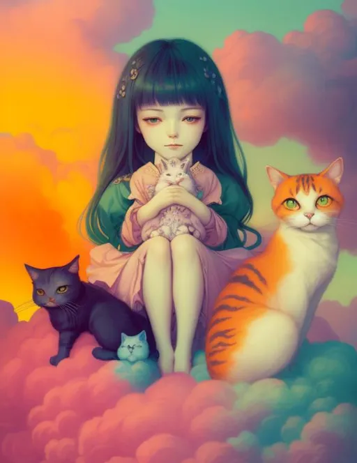 Prompt: a girl sitting on a cloud, with her cats, peace, twee, fantasy, happiness, highly detailed, pretty colors, detailed illustration by junko mizuno artem demura, depth of field, 5d, octane, wlop