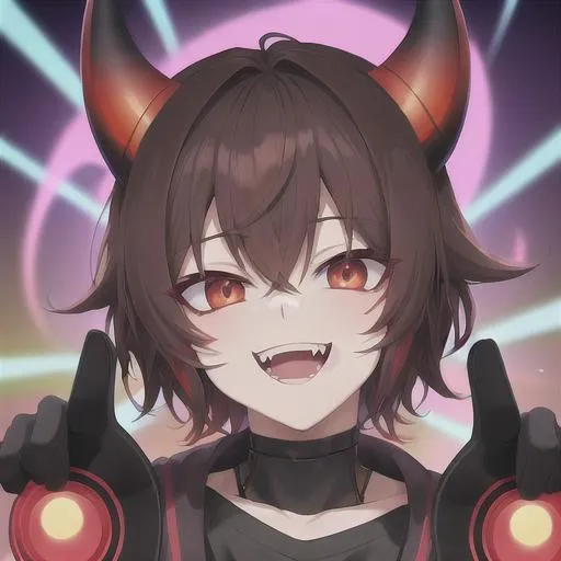 Prompt: insane, cute anime boy, brown hair, smiling, trippy background, demon behind, zoomed out, fangs, aesthetic mask, scars, no horns, hands on face 