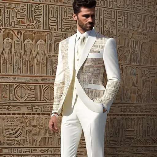 Prompt: Awhite men's suit filled with pharaonic writing blending with a modern cut