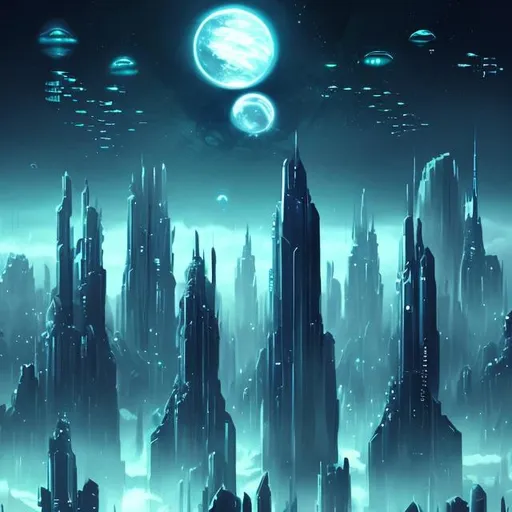 Prompt: Futuristic Tall black towers on deep dark ocean dark sky spaceships night lights hover ships dark tall city lots and lots of small floating ships hovering above clouds big planet with rings closeby spaceships hovering super tall mega skyscraper