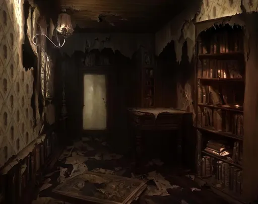 Prompt: highly detailed, light from room at en of dark coridor, bookshelf, cobweb, inside abanodned witch house occult, torn wallpaper, art, concept art, 
