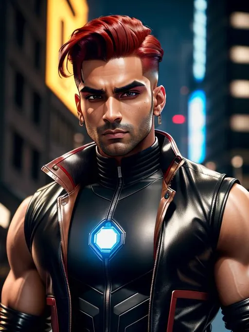 Prompt: perfect composition, {30 year old}, lean muscular half indian half british man, wearing  futuristic {tech vest and leather trench coat}, {short red hair slicked back}, {red eyebrows}, clean shaven, extra masculine, peak fitness, determined expression, looking at viewer, 8k eyes, detailed face, wlop, stanley artgerm lau, artstation, hd, octane render, hyperrealism intricate details, 8k, cinematic volumetric light, proportional, art trending on artstation, sharp focus, studio photo, intricate details, highly detailed, intricate artwork masterpiece, ominous, intricate, epic, trending on artstation, highly detailed, vibrant, production cinematic character render, ultra high quality model, 