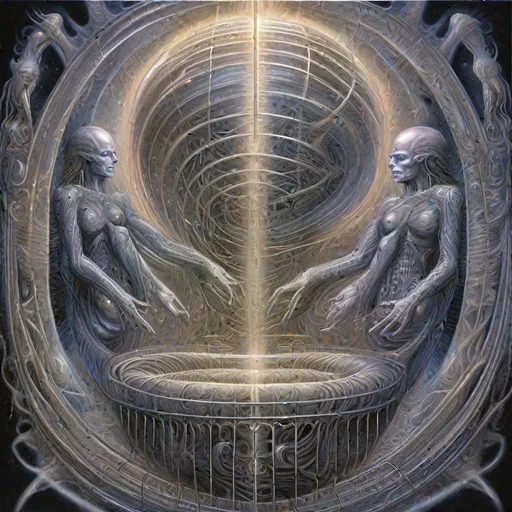 Prompt: illustration detailing how "Nothing became the only thing to cage the Infinite" depicting "God creating the universe in a mirrored cage" by H.R. Giger and Alex Grey