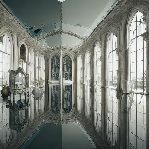 Prompt: looking into a room full of mirrors and windows, reflections, surrealistic