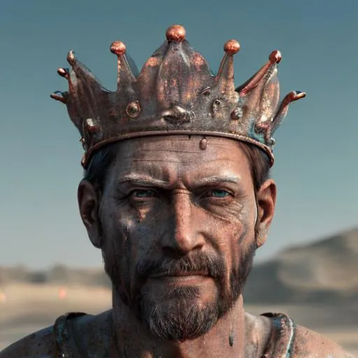 Prompt: ancient  rusted small metal crown of a king buried in the sand, rain splashes, after hours, 64k, colors muted, hyper realistic 