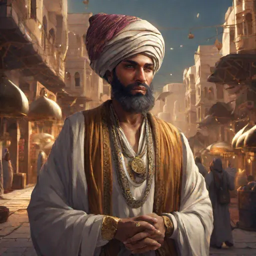 Prompt: Portrait of a merchant in a Middle East-inspired fantasy city. He wears a turban and silk robes. Mid-body shot, highly detailed, character illustration, 8K.