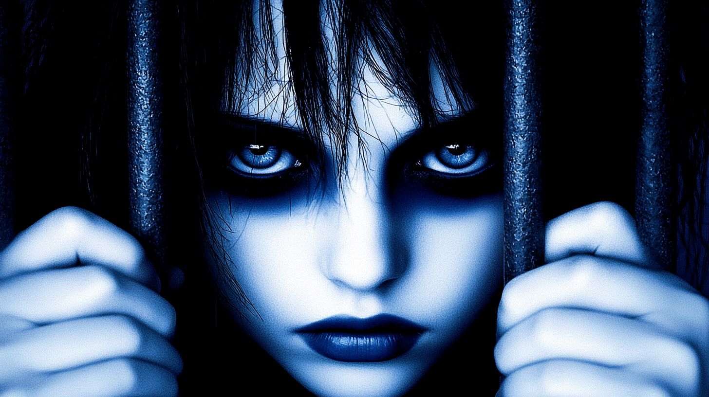 Prompt: An ultra-high-resolution, stunning fantasy 3D render featuring a beautiful android woman with blue makeup. She stands behind the bars of a cage, her lips parted in an alienating expression. Her visage is contourless, enhancing her otherworldly appearance. The scene is illuminated with blue and black bioluminescent surfaces, creating a surreal atmosphere. Inspired by Rankin's photography, the image captures a mannequin-like figure resembling an exquisite avatar. The overall composition blends futuristic elements with a sense of isolation and intrigue.