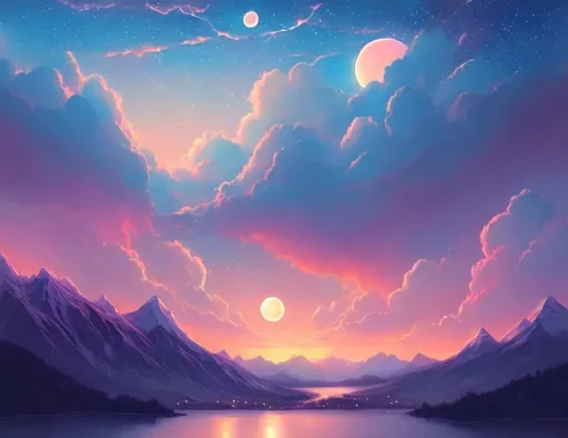 Prompt: aesthetic, pastel, beautiful, painting, cute, soft, art, RPG, highres, illustration, sunset, stars, mountains, wonderland,moon, storm clouds, lighting 