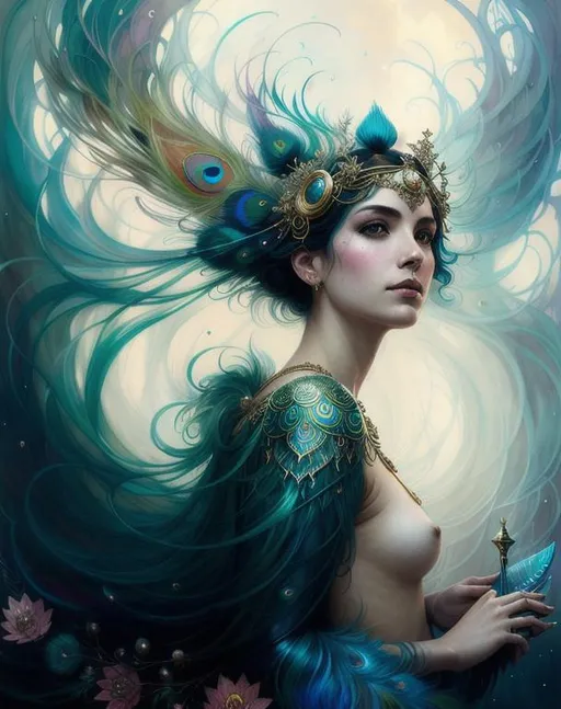Prompt: portrait of sorceress in peacock feathers | art by: yuumei, agnes cecile, tom bagshaw, anna dittmann, tetsuya nomura, erol otus, alphonse mucha |symmetrical face, accurate anatomy, hyper-detailed, 8k resolution, storybook illustration, aurora, ethereal, radiant, moonscape, kintsuji, watercolor washes, sun rays, diffused reflection, ripples in water, 8k