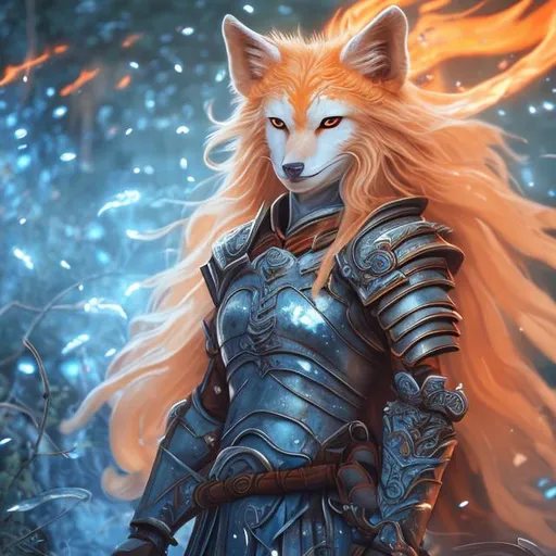 Prompt: Beautiful kitsune with vivid blue eyes that glow, long flowing orange hair, leather armor in a field surrounded by fireflies Hyperrealistic uhd, gunslinger, pistols, firebrand