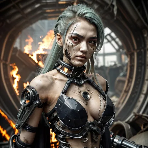Prompt: Create an amazing physically attractive super detailed battle damaged, burn damaged, grimy, exquisitely exotic, slender, ultra realistic cyborg young adult woman, wearing a heavy titanium collar, stylish hair, random color hair, half a damaged side of her face, exposed polished obsidian colored exoskeleton, random hair style,

Realistic random nuclear blast wasteland, dead cyborg junkyard, heavy mist, sunrise, 

standing over destroyed and dismembered cyborgs that lay broken on the ground,

perfect contouring, hyper detailed, intricate detail, finite detail, natural lighting and shadows, fantastical, fantasy concept art, 64k resolution, deviantart masterpiece. UHD, Perfect 3D Render.
