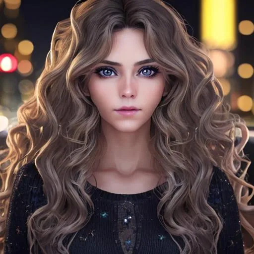 Prompt: Hyper-realistic, perfect, beautiful, woman with wavy hair and beautiful eyes, 8K, in the city lights 