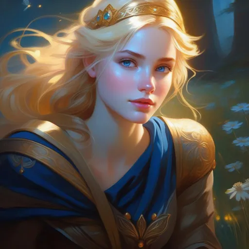 Prompt: Third person, gameplay, fairy girl, pale skin, blond hair, freckles, dark blue eyes, fantasy, golden atmosphere, cartoony style, extremely detailed painting by Greg Rutkowski and by Henry Justice Ford and by Steve Henderson 