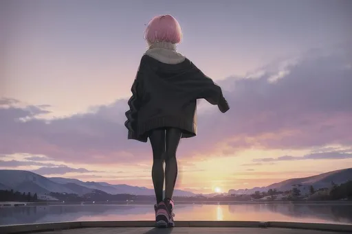 Prompt: (masterpiece), (best quality), meteorite, back turned, horizon, lake, cloud, sunset sky, outdoor, snow, looking at sun, ((((1girl), full body, pink hair, short hair, parted bangs, yellow pupils, big eyes, dark eye lashes, aran sweater, black leggings)))