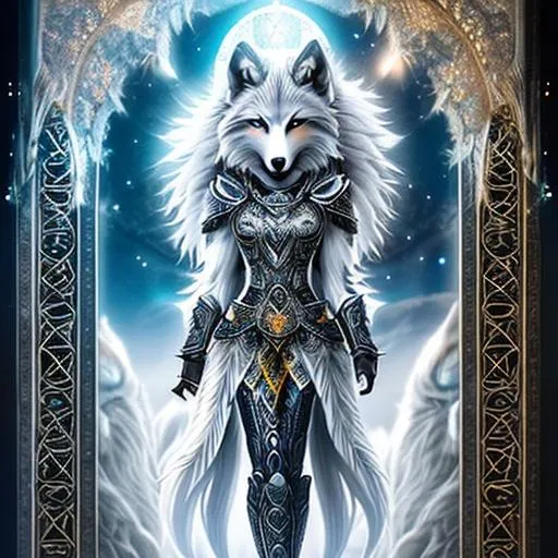 Prompt: The female wolf furry goddess of protection stands tall with a majestic silver and white coat, adorned with intricate patterns symbolizing guardianship. Her captivating amber eyes radiate wisdom and strength, instilling a sense of safety in those who gaze upon her. She wears regal armor that blends nature-inspired elements with divine symbols, signifying her role as a protector of all living beings. Graceful and fierce, she exudes an aura of reassurance, offering solace and safeguarding those in need.