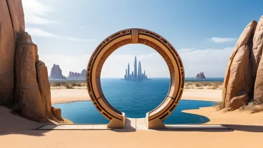 Prompt: circular portal, gateway between desert world and sea world, ring, ring standing on edge, freestanding ring, complete ring, panoramic view