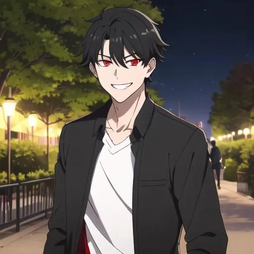 Prompt: Damien (male, short black hair, red eyes) in the park at night, grinning sadistically, casual outfit