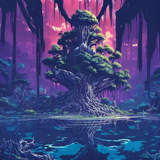 Prompt: A dead tree surrounded by pools of water, violate foliage surrounds the area, Illustrative style, anime, domain, ruins, purple