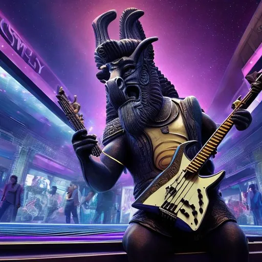 Prompt: Assyrian Lamassu playing bass guitar in an alien mall, widescreen, infinity vanishing point, galaxy background, surprise easter egg