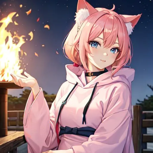 Prompt: Japan as a female human, 8k, UHD,  highly detailed, pink hair, blue eyes, cat ears, wearing a hoodie, night, at a bonfire