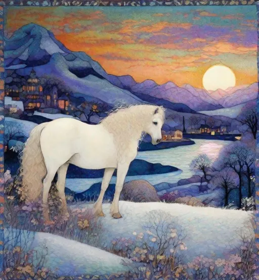 Prompt: Inlay Aubusson tapestry: a winter enchanted beautiful princess and her white horse, a whimsical village landscape background under a beautiful twilight night sky art by Jane Small, Edmund Dulac, Iris Scott, John Lowrie Morrison, Pat Steir, Thomas Edwin Mostyn, Barbara Takenaga, John Piper, Abanindranath Tagore, John Bauer. 3/4 portrait, beautiful pastel aquarelle colours, crispy quality, cinematic smooth, polished finish, high quality, very clear resolution, blue, gold and rose tones, metallic glow