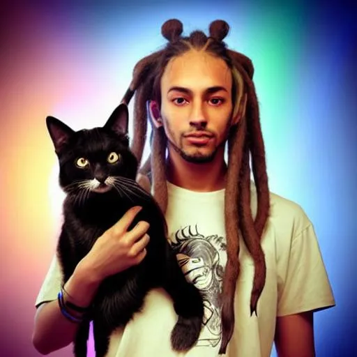 Prompt: young man with dreads and his cat, cyberpunk