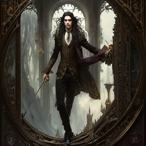 Prompt: Full body splash art of skinny male, poet, coming out of a mirror, androgynous, handsome, very long dark hair, pale skin, victorian clothes, elegant, highly detailed, intricate, smooth, sharp focus, artstation, digital painting, concept art, art by greg rutkowski, alphonse mucha and John William Waterhouse, dark, eerie, gothic, creepy, romantic, insanity
