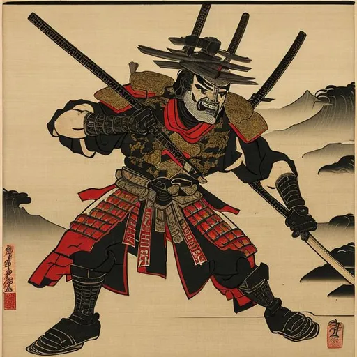 Prompt: Japanese, angry shogun, woodblock