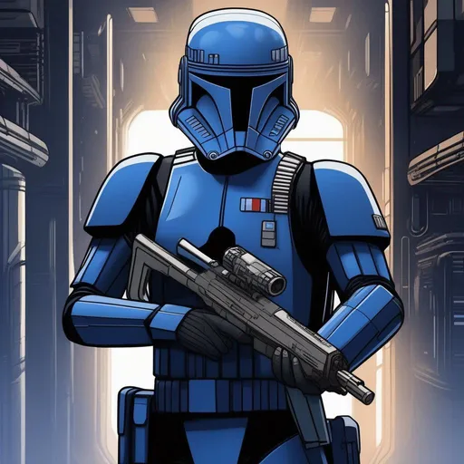 Prompt: Star wars rebel alliance male spec-ops. Dark blue armor uniform. He wears a clone helmet with a very narrow and short t-shaped visor. In background a scifi alley. Rpg art. Star wars art. 2d art. 2d. Well draw face. Detailed. 