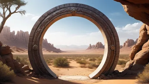 Prompt: circular portal, gateway between desert world and forest world, ring, ring standing on edge, freestanding ring, complete ring, panoramic view