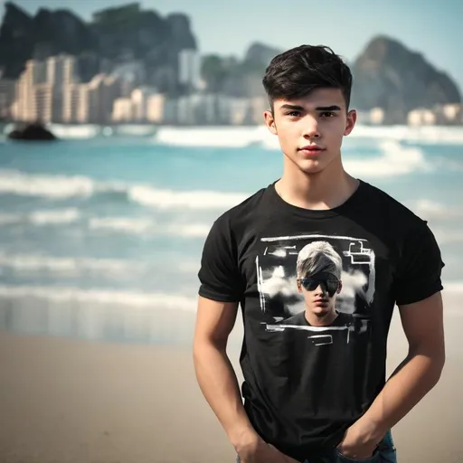 Prompt: a young man, realistic, strong personality, cute face, full body, look on camera ,wearing black t-shirt, on summer vacation ,beach background 