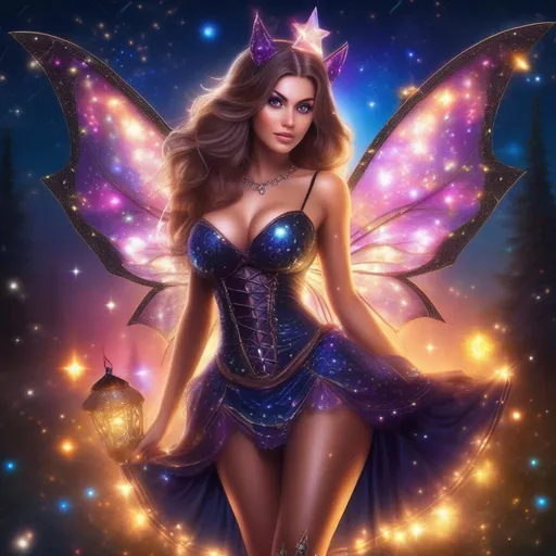 Prompt: An incredible, full body image of a stunningly beautiful, hyper realistic, buxom woman with bright eyes wearing a sparkly, glowing, skimpy, sheer, fairy, witches outfit on a breathtaking night with stars and colors with glowing, detailed sprites flying about