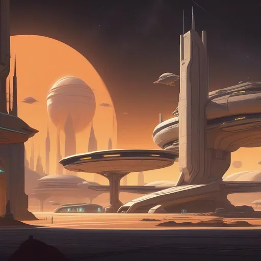 Prompt: a spaceport environment, background art, pristine concept art, small, medium and large design elements, late night, in the style of Ralph McQuarrie, flat 2d illustration