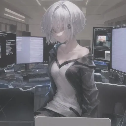 Prompt: hacker girl with short white hair at the computer in black hoodi