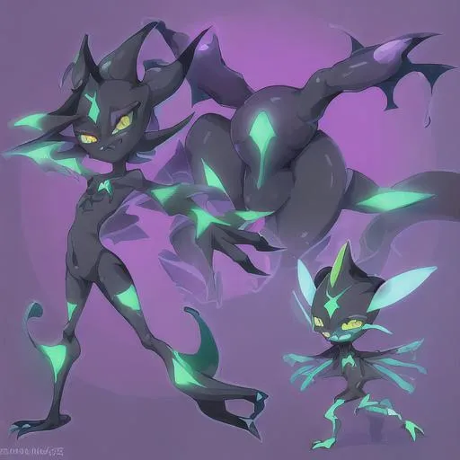 Prompt: Vriskaire has a unique and visually striking design that reflects its Homestuck inspiration. It resembles a small humanoid creature with insectoid features. Its body is predominantly dark blue, and it has vibrant yellow markings and glowing green eyes.

The Pokémon's limbs are elongated and flexible, allowing it to move with agility and grace. Its hands and feet have sharp, claw-like appendages, perfect for precision strikes and climbing. Vriskaire's most distinctive feature is its set of large, translucent wings that shimmer with a prismatic glow.

The wings are reminiscent of Vriska Serket's iconic eightfold symbol from Homestuck, with each section representing a different aspect of its powers. The wings can manipulate luck and probabilities, granting Vriskaire enhanced accuracy and evasiveness during battles.

Vriskaire is known for its mischievous grin, always appearing as if it's plotting something devious. It carries a set of throwing knives on its belt-like accessory, ready to unleash a flurry of precise and well-planned attacks. Its agile movements and calculated strikes make it a formidable opponent in battle.

In terms of abilities, Vriskaire possesses psychic powers that allow it to manipulate the probability of events. It can alter the outcome of its attacks, enhancing their effectiveness or making them more unpredictable. Additionally, Vriskaire has the ability to induce minor illusions, creating distractions or concealing its presence.

Vriskaire's personality and design pay homage to the complexity and intrigue of the "Homestuck" universe. It embodies the spirit of adventure, strategic thinking, and embracing the unexpected, making it an intriguing addition to any Pokémon team