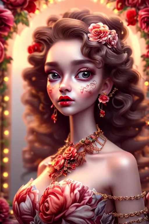 Prompt: Beautiful lady wearing long red floral dress, AI, detailed features, animated, 8K, fair and glossy skin. Curly hair, neck chain set, Big eyes, baby pink lips, light make up.