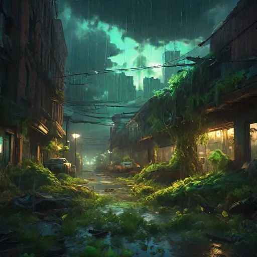 Prompt: post-apocalyptic cityscape, the last of us style, bioluminescent green mutated fungi spreading like an infection on the land, trending on Artstation, overgrown, raining, flooding, hypermaximalist, highly detailed and intricately designed, digital painting, golden hour, stormy skies, light rays through clouds, light pillars, cinematic style, perfect composition, aspect ratio 3:2, full shot, dramatic lighting, reflections