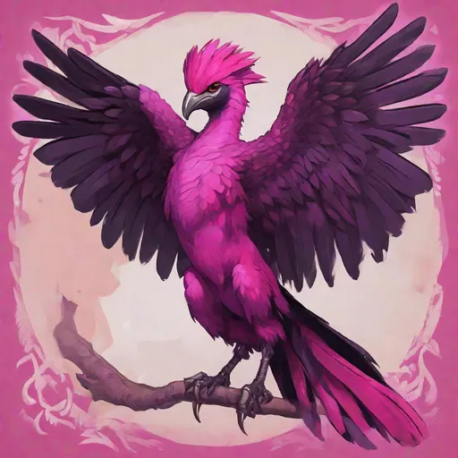 Prompt: aarakocra, Wearing Antecedent's Attire, pink purple fuchsia and black masterpiece, best quality, in board game art style
