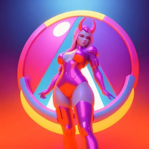 Prompt: a beautiful female demon in a dynamic pose in a retro futuristic synthwave cyberpunk neon paradise.  neon lighting, high quality, beautiful, synthwave, cyber, retro, futuristic