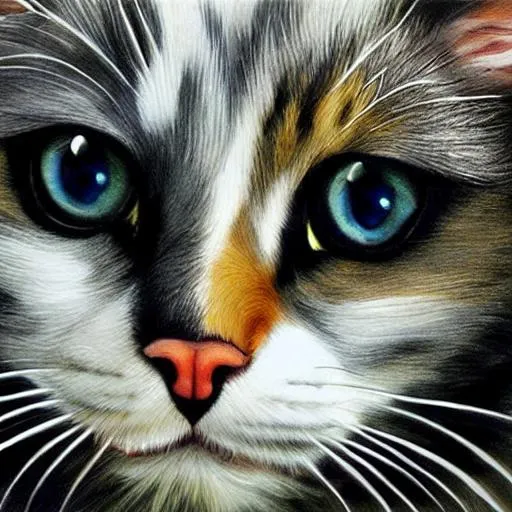 Prompt: Erin hunter warrior cats, warrior cat, feral cat, realistic cat, detailed fur, detailed eye, oil painting, anime, mean, creepy, tuxedo cat, black and white fur, mean eyes, mouth open, hissing,