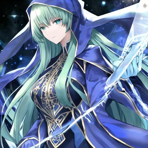 Prompt: Sapphire blue assassin cloaked and masked, crystal emerald eyes, green hair ,galactic background, 8k, large man, emperor,