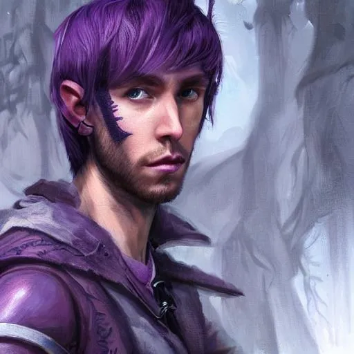 Prompt: Portrait of a 28 year old male half elf rogue with purple hair and with cute face, perfect composition, hyperrealistic, full shot, super detailed, 8k, high quality, trending art, trending on artstation, sharp focus, studio photo, intricate details, highly detailed, by greg rutkowski