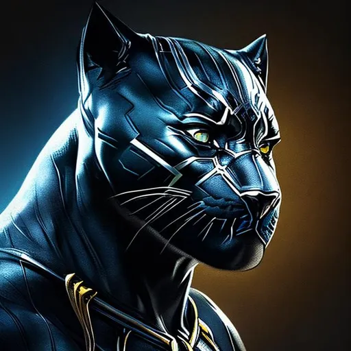 Prompt: an ultra realistic image  of a black panther logo with golden and blue coloured with black background 
