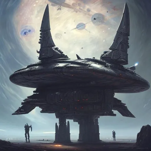 Prompt: Outer space, spacecraft, spaceship, biological, mechanical, robotic, futuristic, dark fantasy art style, painting, evil, alien, weapons