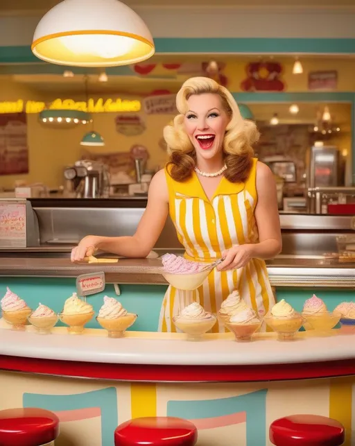 Prompt: A playful retro ice cream parlor scene for Banana Split Day with a yellow and white striped counter and 60s style stools where a smiling woman in a yellow dress and white apron prepares an over-the-top colorful banana split sundae under warm incandescent lighting, loaded with scoops of ice cream, bananas, chocolate sauce, sprinkles, whipped cream, and a cherry on top, styled with a 35mm lens to have a bright fun mood. 