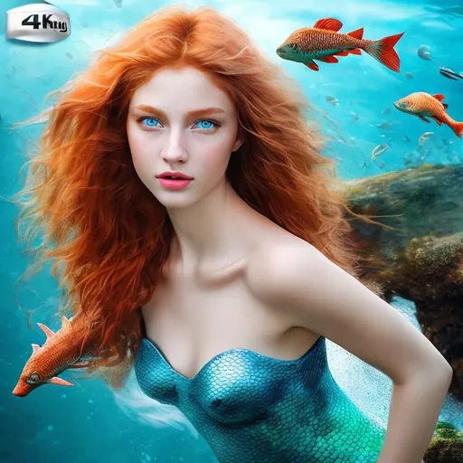 Prompt: 4k professional modeling photo live action human woman hd hyper realistic beautiful mermaid red hair fair skin blue eyes beautiful face green tail enchanting beach landscape hd background with live action fish coral starfish