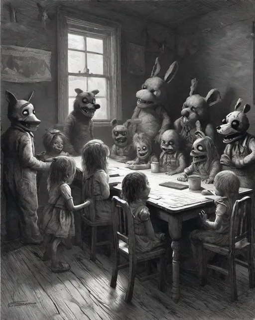 Prompt: Daycare Attendant, FNAF, little scary children horror Gustave Doré Greg Rutkowski