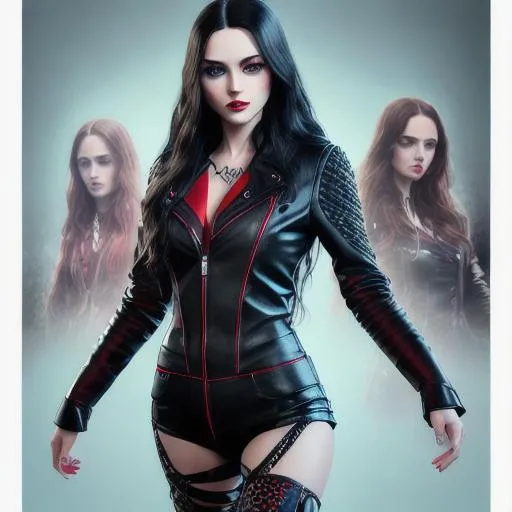 Prompt: young woman, long wavy black hair, light blue eyes, berry lipstick, red leather jacket, black body suit, black pants, knee-high black boots, 3D, fine-tuned, hyper-realistic, intricately detailed, detailed face, 16K, realistic, movie poster